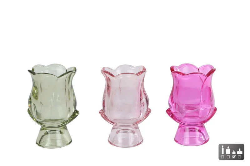 Teelichthalter „Elsie“, grün/rosa/fuchsia, 3 Stück, verschiedene Glasformen, 7 x 7 x 12 cm