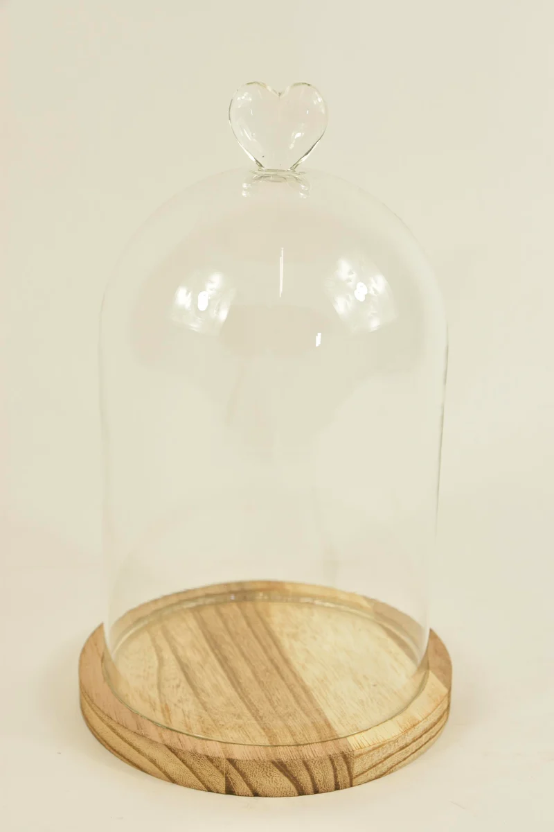 BELL GLASS HEART D14X22H AUF HOLZSOCKEL NATUR