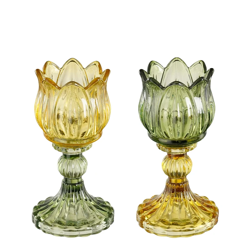 Teelichthalter Tulpe gelb grün 2er Set - H15 x D8 cm