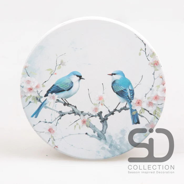 SET/4 UNTERSETZER RUND VÖGEL BLAU BLÜTEN 10X10X0.7 CM