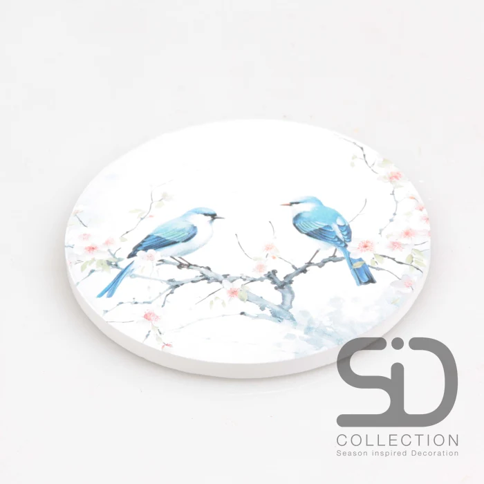 SET/4 UNTERSETZER RUND VÖGEL BLAU BLÜTEN 10X10X0.7 CM