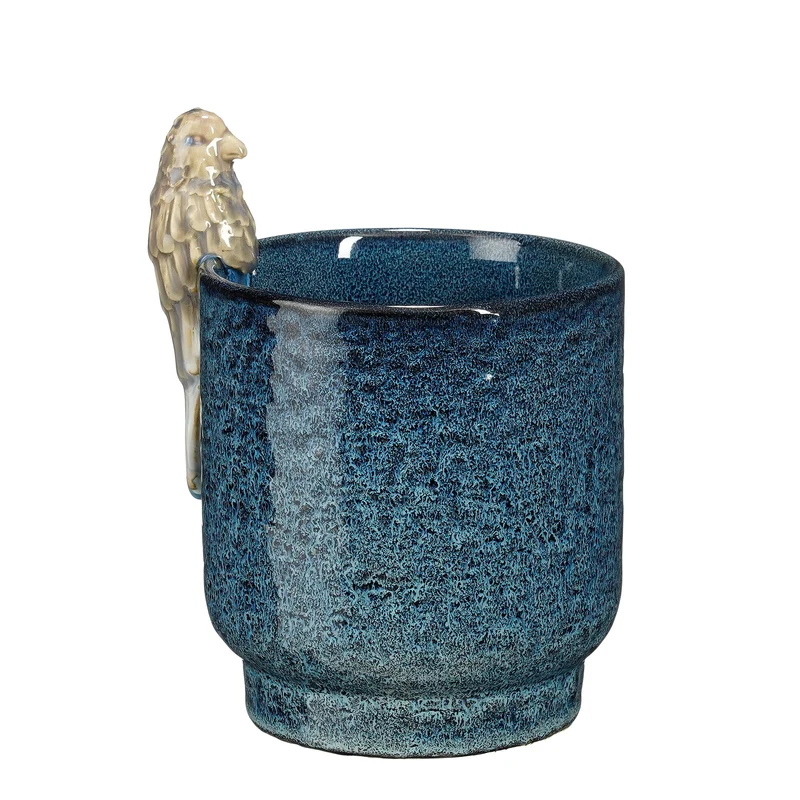 Blauer Blumentopf mit Vogelmotiv - H18,5 x D12 cm