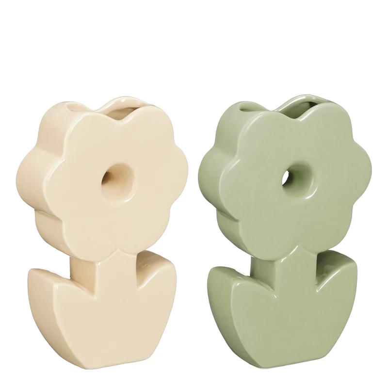 Dekorative Blume, hellgrün/hellgelb, 2er Set - L13,5 x B4,5 x H21 cm