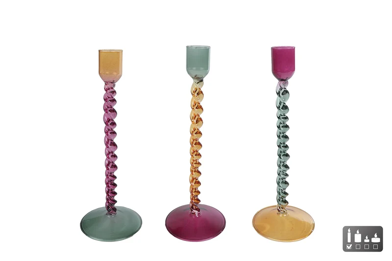 Kerzenhalter "Aya" gelb/lila/grün, 3er-Set, Glas, 9x9x22cm