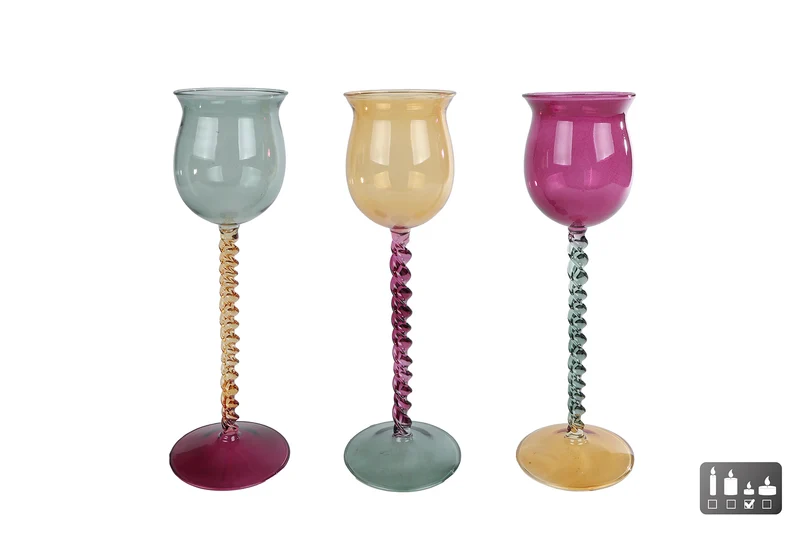 Teelichthalter "Aya" gelb/lila/grün, 3er-Set, Glas, 9x9x27cm
