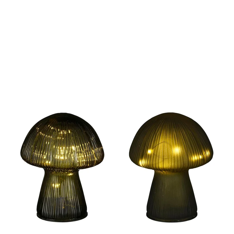 Pilzlampe aus grünem Glas, 2 Achsen, 10 LEDs, batteriebetrieben - H15 x D12 cm