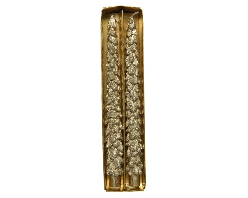 Set/2 Dinnerkerzen Wachs "Baum" Glitzergold D2,2 H25cm