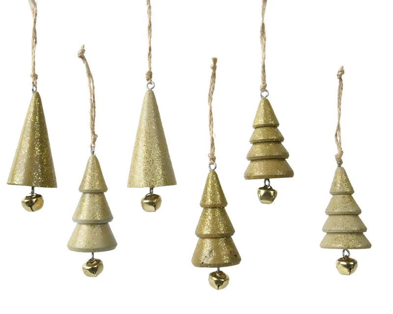 Anhänger Baum Holz goldglitzernd 6er-Set D3,5 H7,5cm