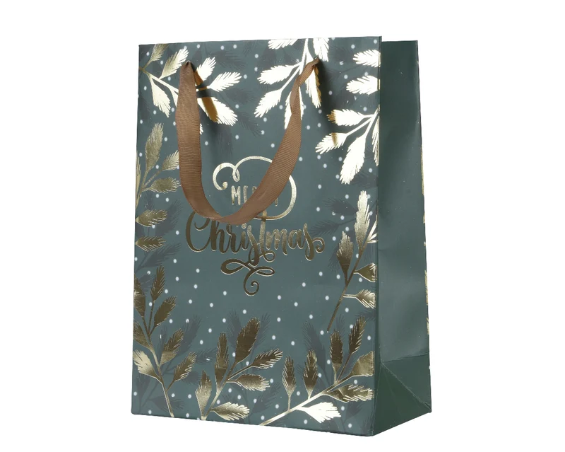 Geschenktüte aus Papier mit Henkel, grün/gold, 26x10x32cm