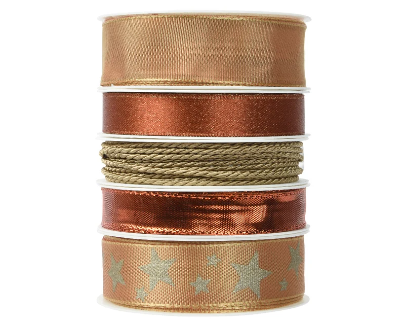 Schachtel mit 5 Rollen Polyesterband, 5 verschiedene Brauntöne, 25 mm, 3 m.