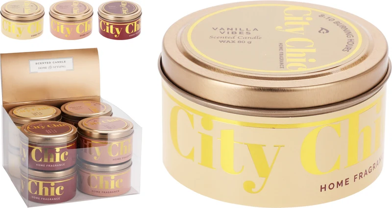 Duftkerze im Blech ''City Chic'' D8 H5cm 3 verschiedene Designs