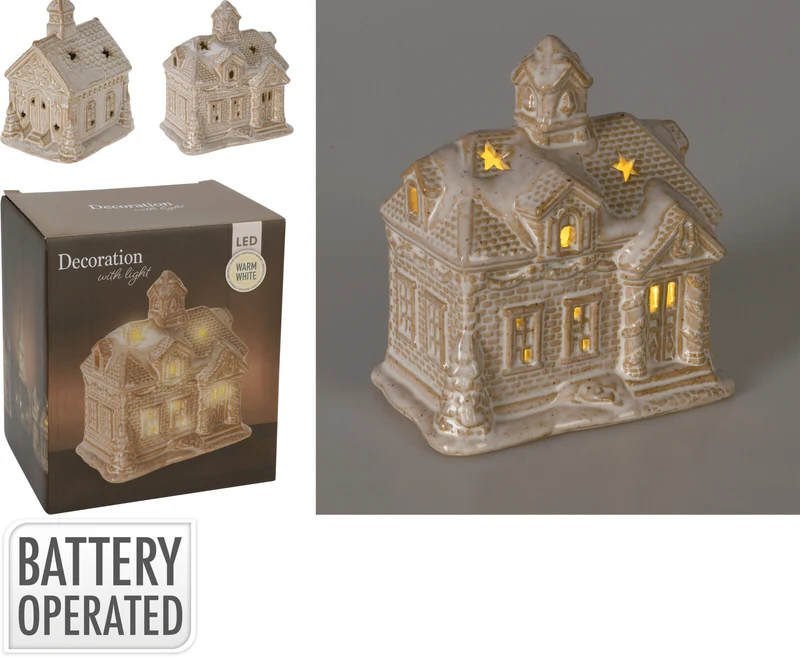 HAUS MIT LED-PORZELLAN, BEIGE, 12,5X10X14CM, 2ER-SET, INKL. 2X LR44-BATTERIE