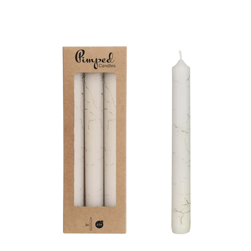 Verzierte Marmorkerzen Ø2,2 H.20 cm weiß Set/3
