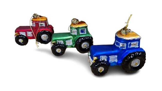 Anhänger Traktor aus Glas, 3 Farben sortiert. L. 9,5 cm B. 5,2 cm H. 7 cm