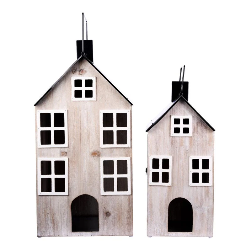 SET MIT 2 HOLZ-LATERNEHÄUSERN 34x33x66CM