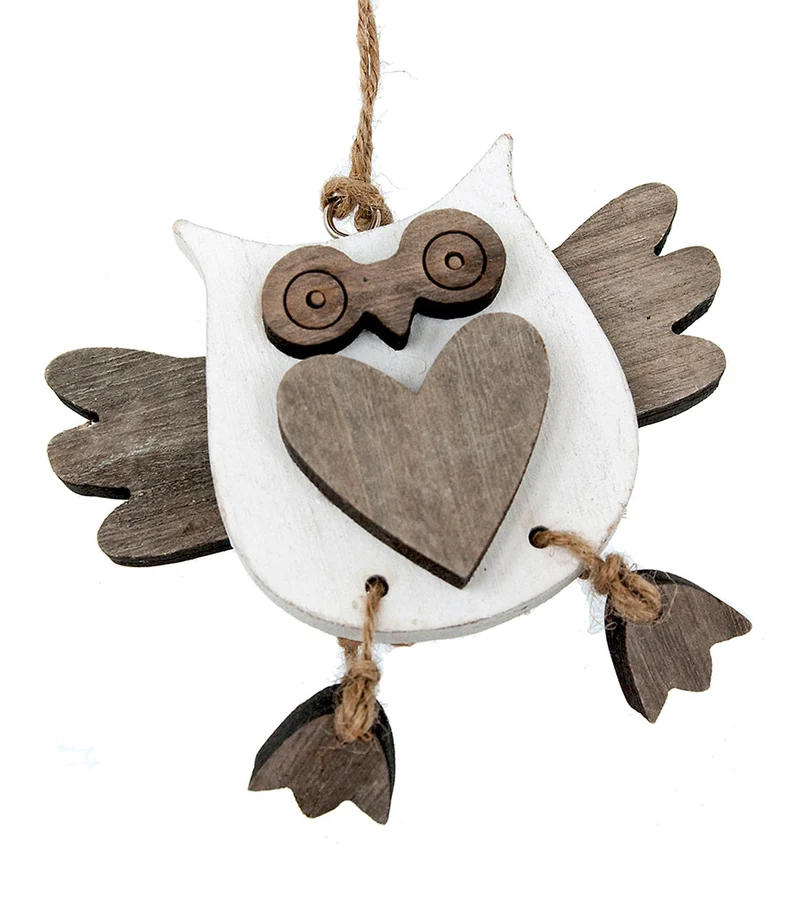 6 Stück Holz-Eulen-Anhänger weiß/grau 10cm