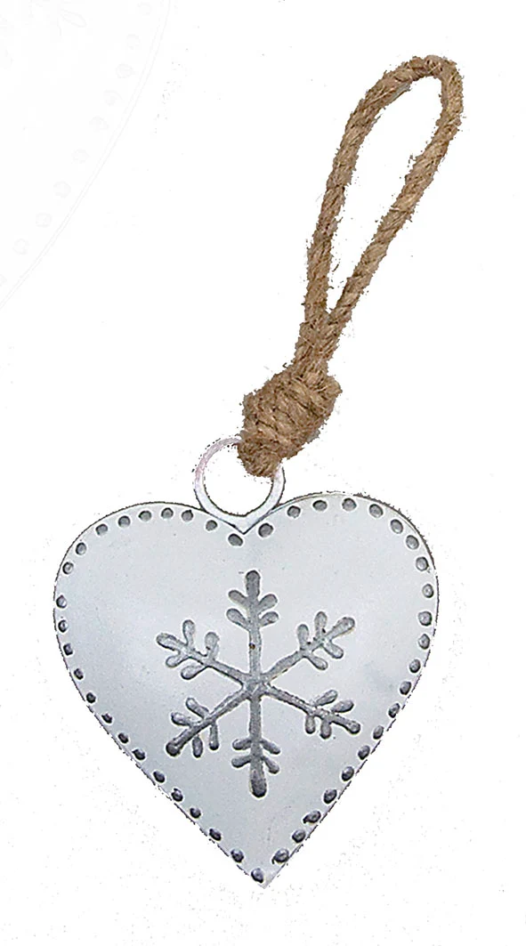 5 Stück Metallherz ''Schneeflocke'' 11cm weiss/silber