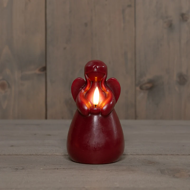 LED-Kerze Engel aus Wachs mit 3D-Flamme, batteriebetrieben, mit Timer, D8,5 x H14,5 cm, Bordeaux