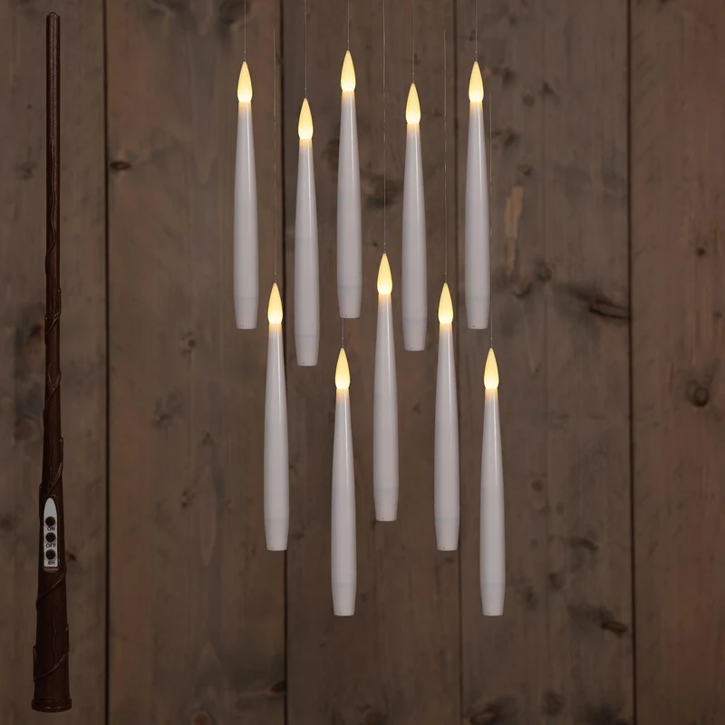 SCHWEBENDE LED-KERZE MIT TIMER, INKLUSIVE ZAUBERSTAB, DRAHT UND HAKEN, 10 STÜCK, H15CM, WEISS