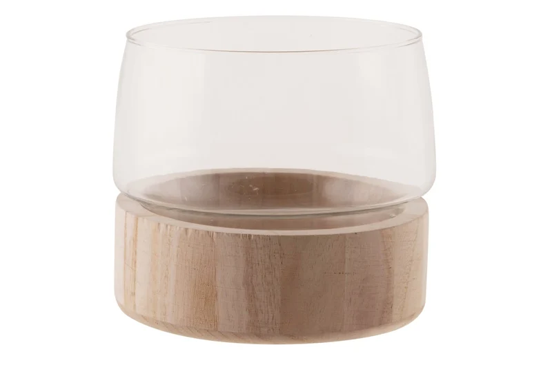 Vase mit Holzsockel, Glas, 16,5 x 16,5 x 14,5 cm, transparent.