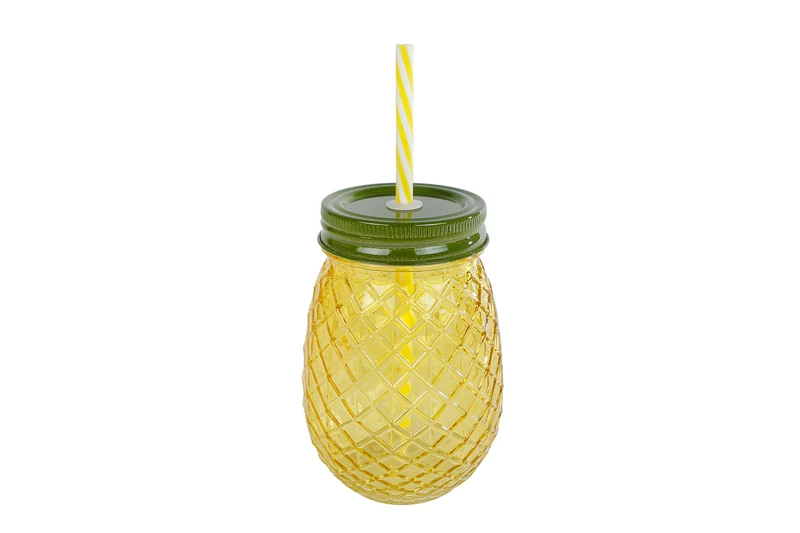 Trinkglas "Ananas" mit Deckel/Strohhalm, gelbes Glas, 9x9x12,5cm