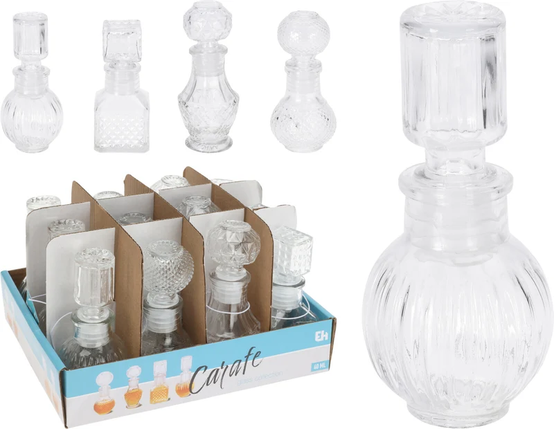 FLASCHE MIT VERSCHLUSS, KLARES GLAS, 4 VERSCHIEDENE DESIGNS, DURCHMESSER 5 CM, HÖHE 11,2 CM