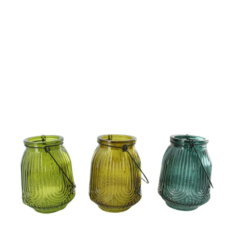 Teelichthalter Glas mit Griff 9x9x12,5cm 3 sortiert grün