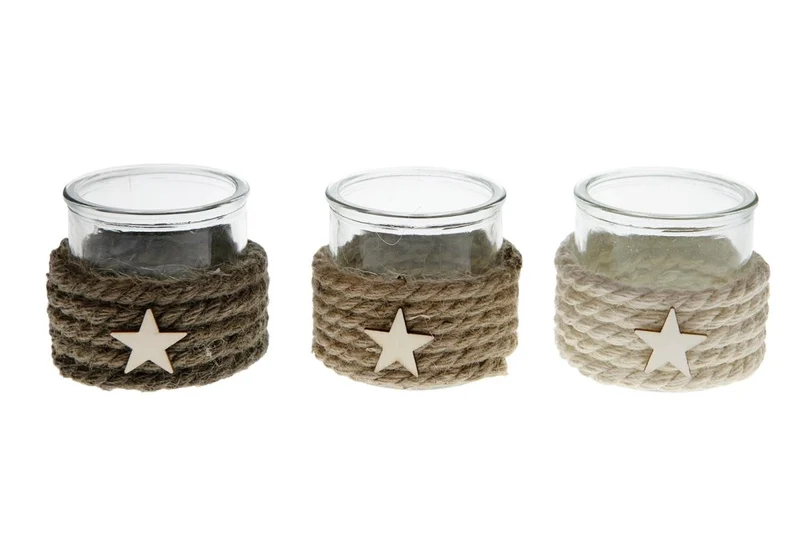 Teelichthalter Glas mit Seil Ø10x8cm 3 Gemischt
