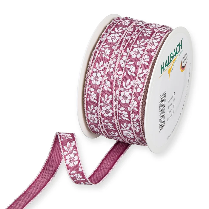 Rolle Druckband "Blumenmuster" 15mm 25mtr beere/weiß