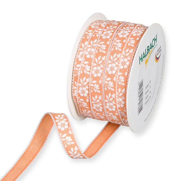 Rolle Druckband "Blumenmuster" 15mm 25mtr üppig apricot/weiß