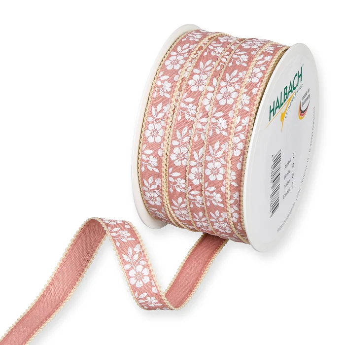 Rolle Druckband "Blumenmuster" 15mm 25mtr blush rosa/weiß