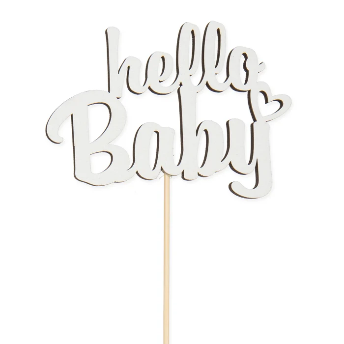 Packung mit 8 Holzsteckern ''hello baby'' weiß 9cm