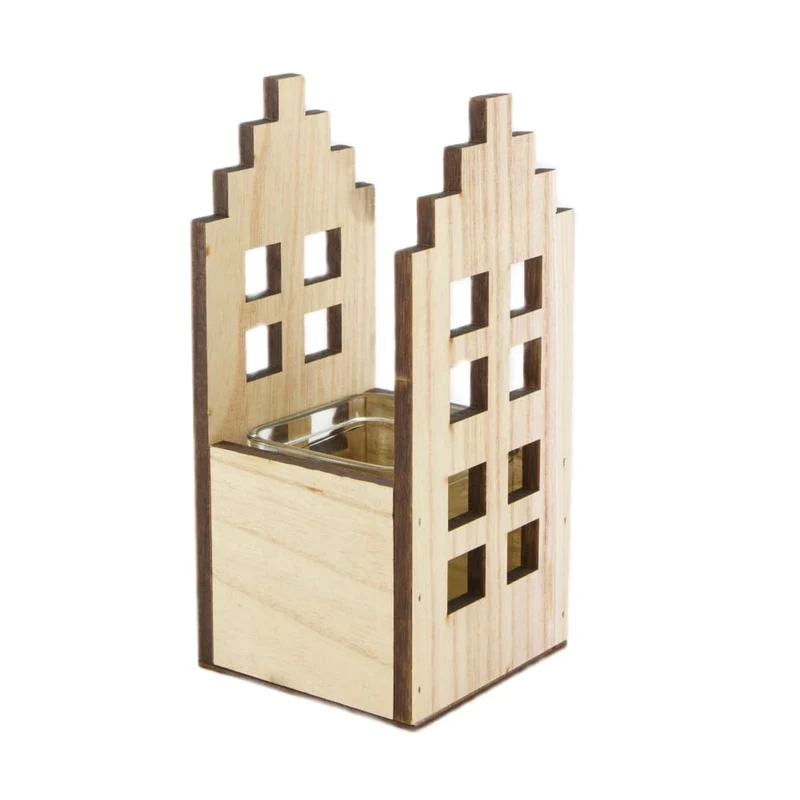 Teelichthalter Haus Holz mit Glas 9.5x9.5x18cm Natur