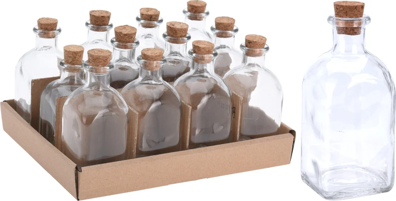 Packung mit 12 Flaschen Glas Quadrat 100ML mit Korken 5x5x11cm