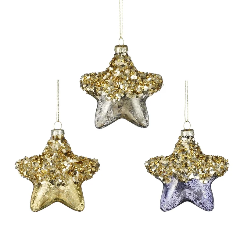 Ornament Stern Glas Silber Blau Gold 3 sortiert - h3xd8cm