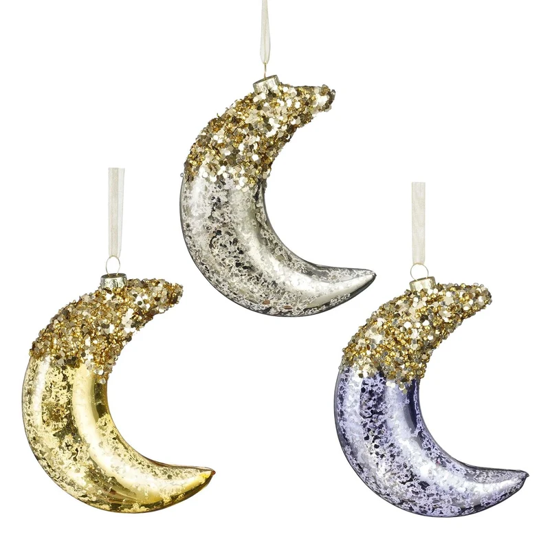 Ornament Mond Glas Silber Blau Gold 3 sortiert - l9.5xb3xh12cm