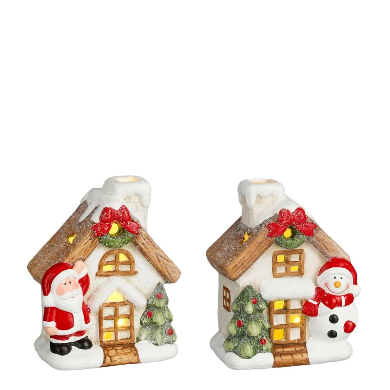 Dekoration Haus Weihnachtsmann Schneemann l.braun 2 assorti led batteriebetrieben - l13xb8xh15,5cm
