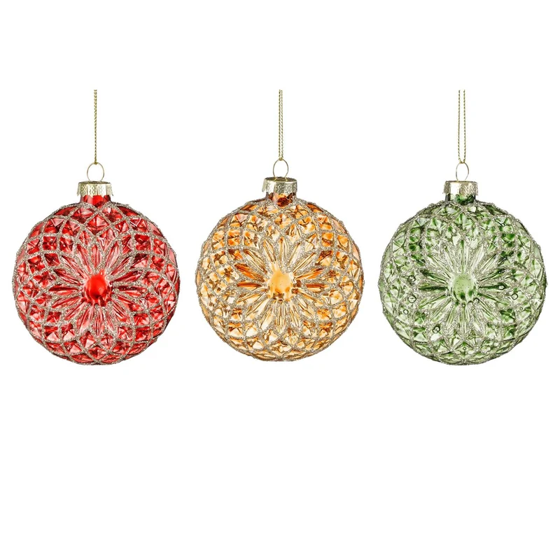Kugel Glas Blume rot grün gold 3 sortiert Display - h3xd8cm