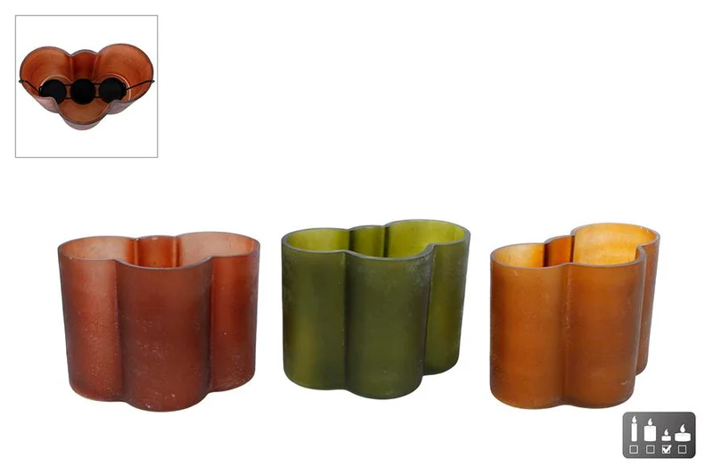 Windlicht "Jos" XL d.grün/braun 3 sortierte Gläser 16.5x9x12.5cm