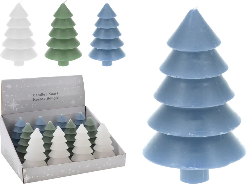 TAFELKERZE WEIHNACHTSBAUM 12CM 3FACH SORTIERT WEISS/GRÜN/BLAU