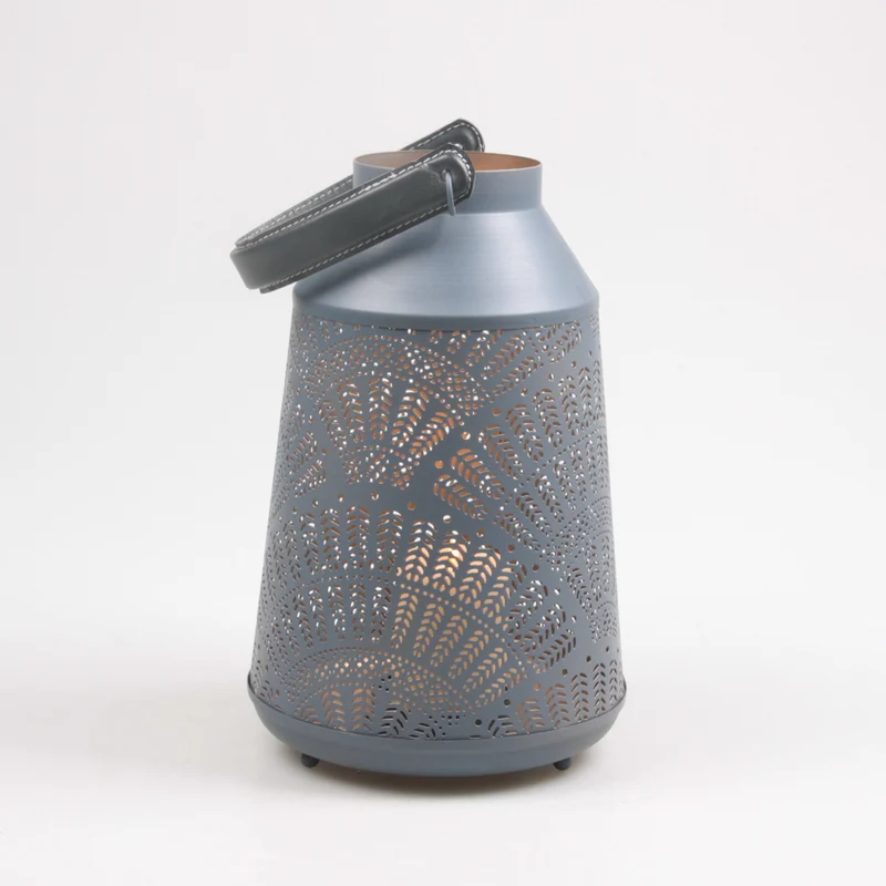 DRAHTLATERNE M/LEDERGRIFF L GRAU/GOLD 18X18X30 CM