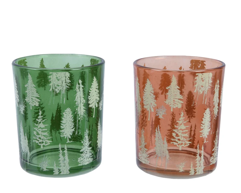 Teelichthalter Glas ''Bäume'' 2 Farben sortiert D7 H8,3cm
