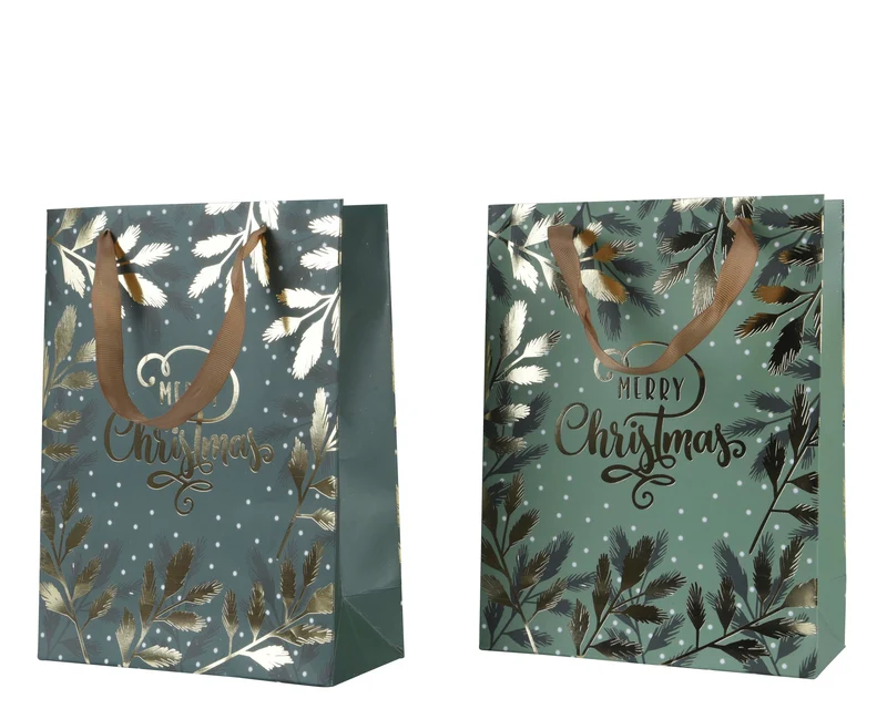 Geschenktüte Papier mit Griff 2tlg. grün/gold 30x12x42cm