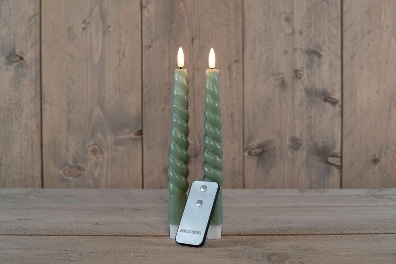 DINNER CANDLE B.O. 2PCS JADE GREEN SWIRL WAX 23CM 3D DOCHT MIT FERNBEDIENUNG 2X2AAA
