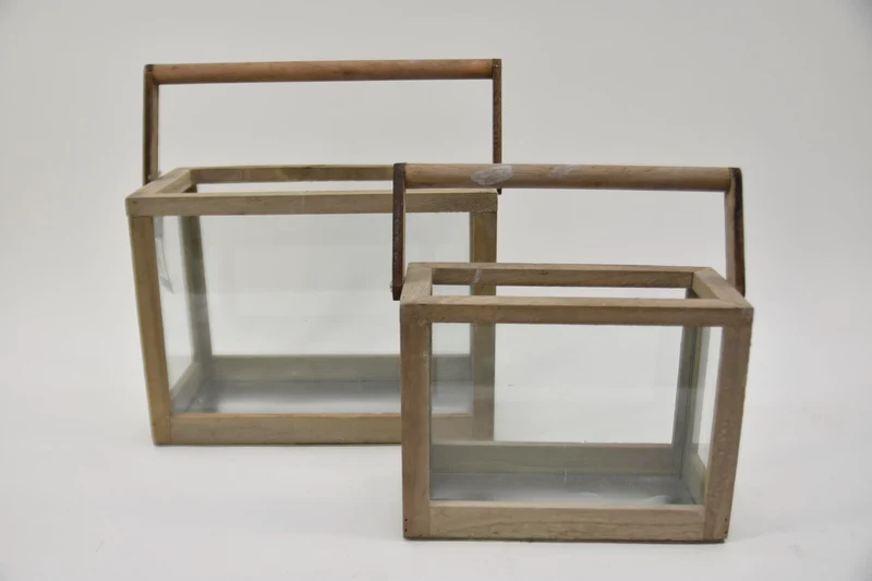 Set/2 Laterne Holz grau mit Griff 23x10.5x17.5 / 30x15x22cm