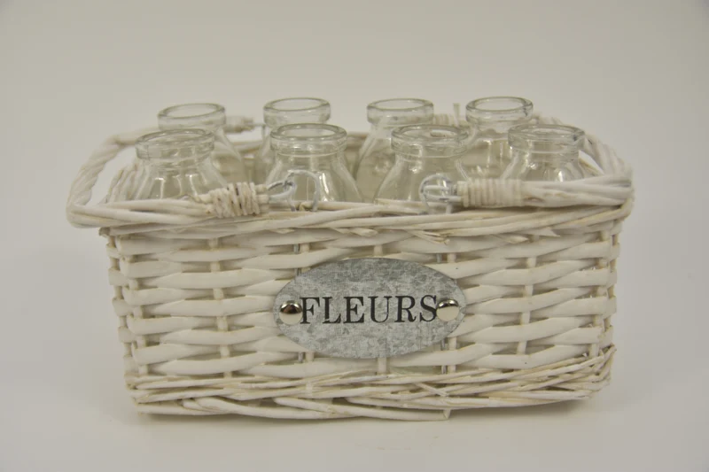 Korb weiß Schilf ''fleurs'' mit Griff und 8 Flasche 23x14x12/19cm