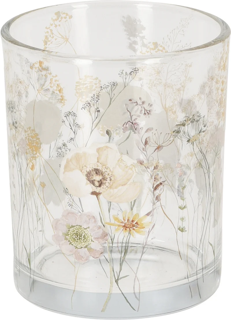 TEELICHTHALTER GLAS MIT BLUMENDRUCK D7 H8CM