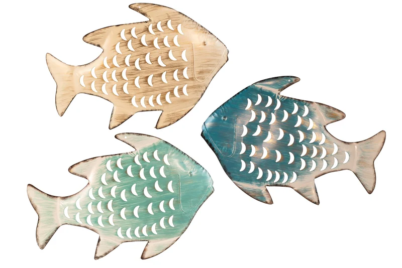 WANDDEKO FISCH METALL 45X30/38CM 3 STÜCK SORTIERT