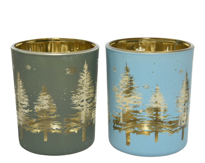 Teelichthalter Glas Silber und Laser Baum - H8,3 D7cm - 2 sortiert