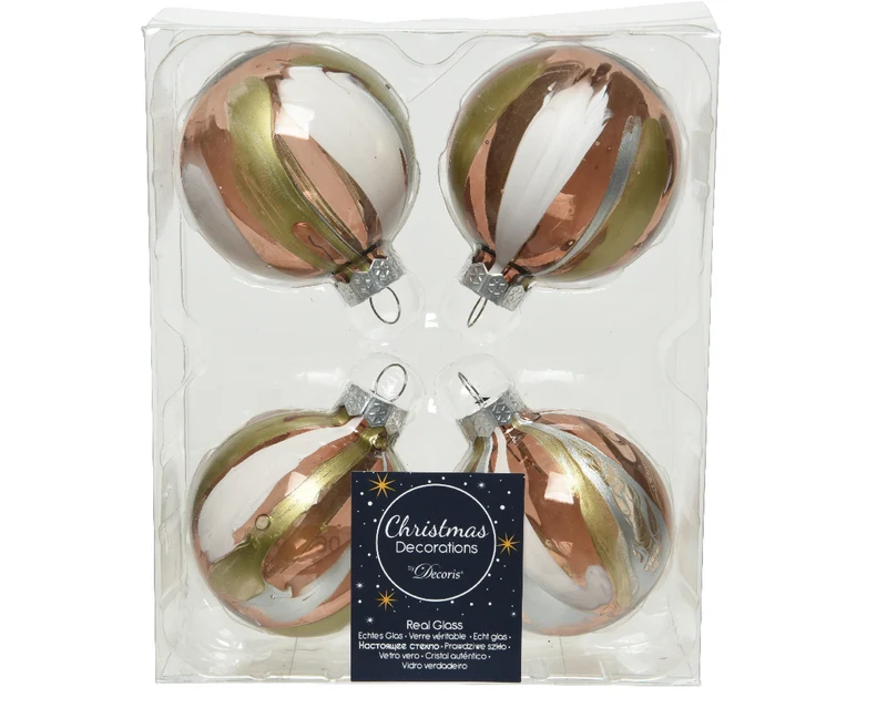 Schachtel mit 4 Weihnachtskugeln Glas Transp. Marmor 6cm - Walnuss-Effekt